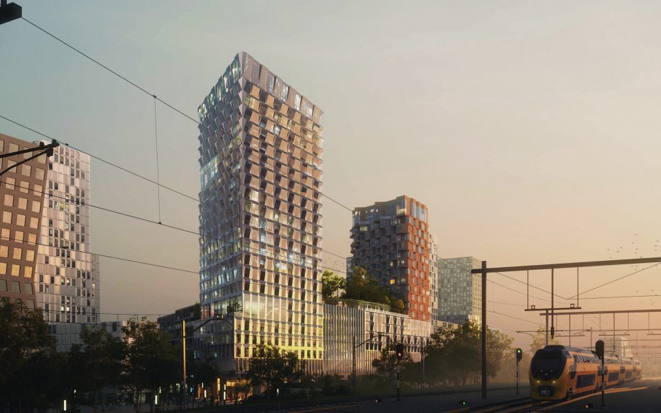 Een landscape render van een stedelijke omgeving met grote toren die geschikt zijn voor appartementen en/of kantoren